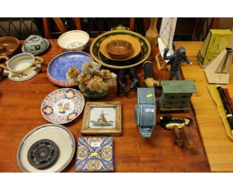 A lustre decorated bowl; a large Scandinavian style painted wooden bowl; a model pond yacht; various ornaments etc. 