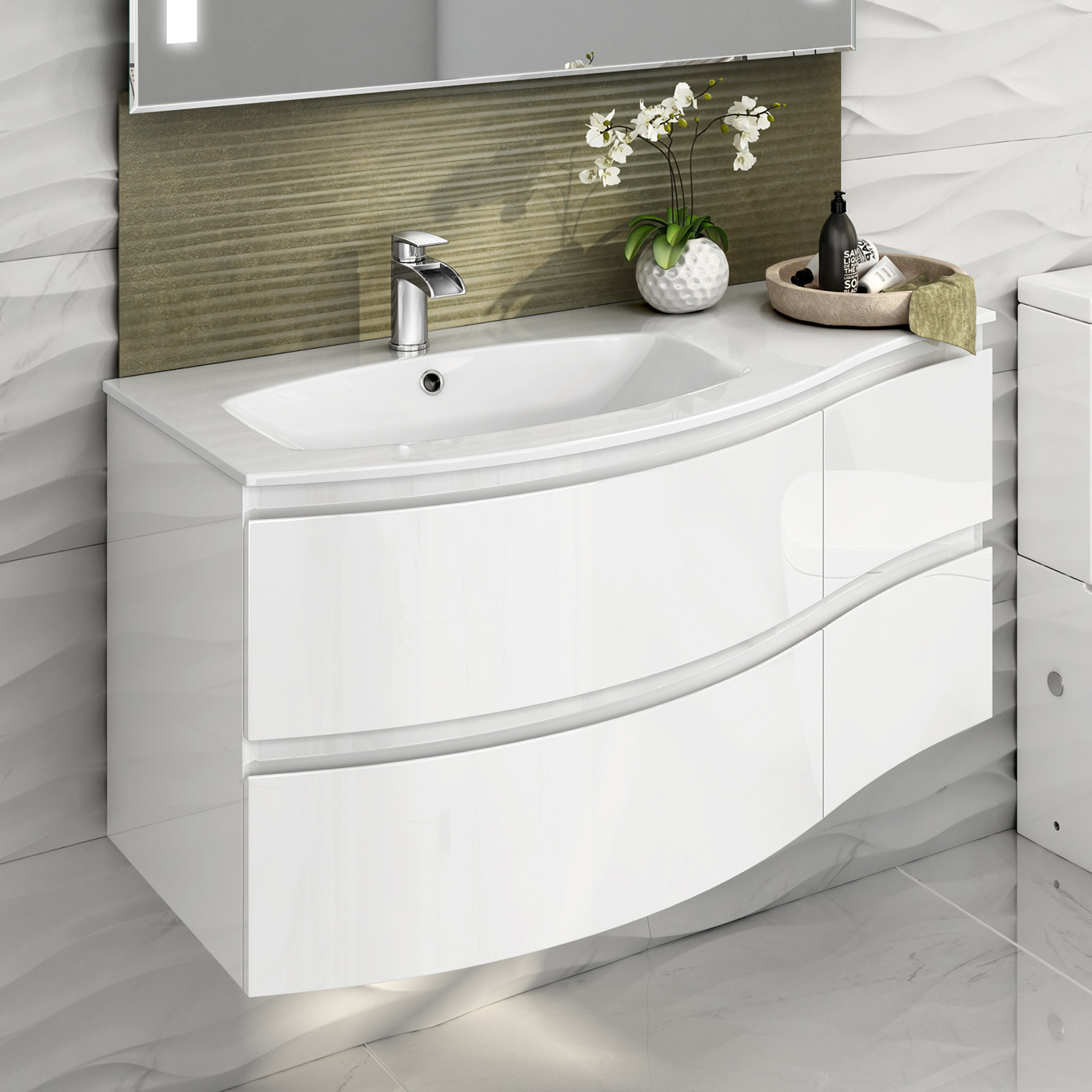 (O1) 1040mm Amelie High Gloss White Curved Vanity Unit Left Hand