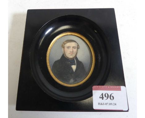 English school, 19th century - miniature head and shoulders portrait of a seated gentleman, oval, 6 x 5cm, within ebonised wo