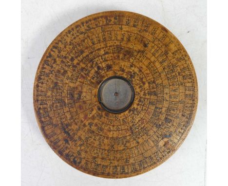 A Chinese wooden cased compass, showing radial outer scale, dia.11.5cm 
