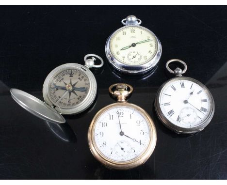 A gent's Waltham gold plated keyless pocket watch; together with a continental silver cased open faced keywind pocket watch; 