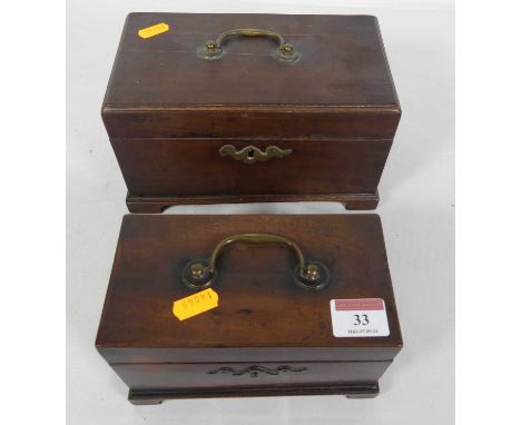 A George III mahogany twin compartment tea caddy, width 23cm, together with another similar smaller