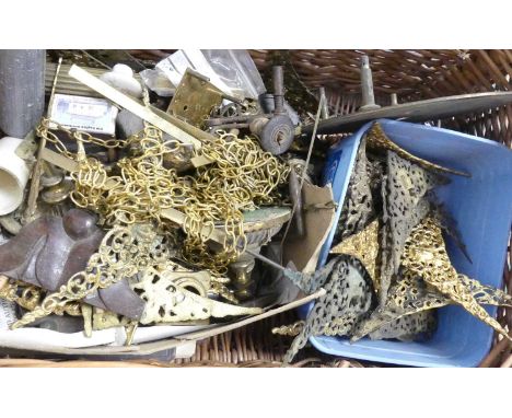 A quantity of clock components to include spandrels, chains, movement parts, gilt metal mantel clock case etc