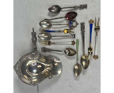 A collection of silver and enamel decorated teaspoons; together with a white metal ladle (lacking handle), 5.3ozt gross 