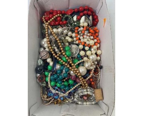 A box of costume jewellery to include necklaces, beaded necklaces, earings etc.