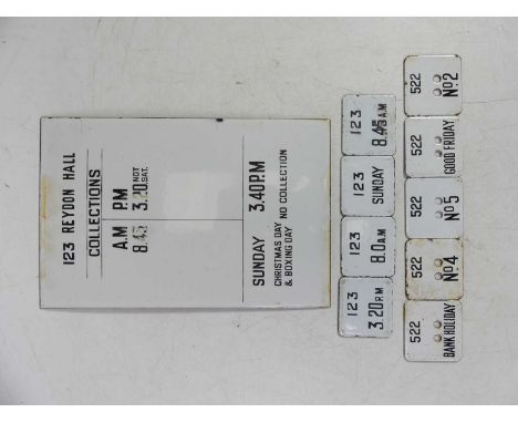 A vintage enamel letterbox plate, displaying collection times, 21 x 14cm; together with letterbox tablets 