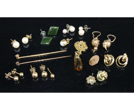 A collection of gold and yellow metal semi-precious set ear studs, together with two yellow metal tie-pins etc 
