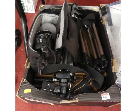 A collection of vintage photography equipment, to include an Olympus OM101 Powerfocus camera, tripod etc 