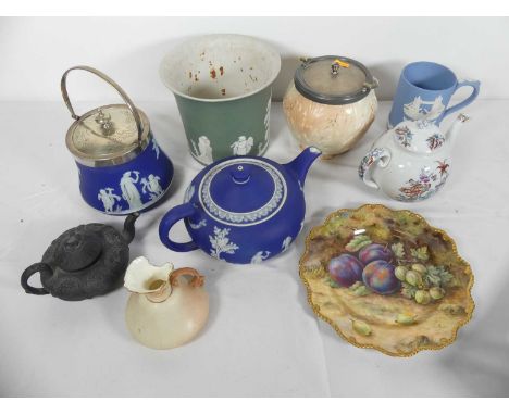 A collection of mixed ceramics to include a Wedgwood blue jasper ware teapot and a Royal Worcester hand painted fruit plate (