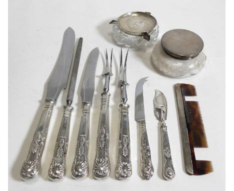 A collection of silver and white metal mounted items, to include carving set, butter knife, Chinese pin tray, cut glass ashtr