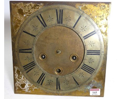 Windmills of London, an 11" brass long case clock dial and movement, the dial lacking spandrels, the Roman chapter ring with 