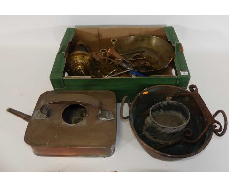 A collection of metal wares to include a brass and green glass hanging lantern, copper bugle etc