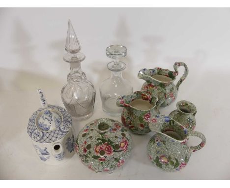 A collection of mixed ceramics and glassware to include a Regency glass decanter and a Copelands Spode part dressing table se