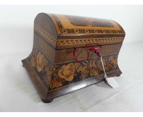 A Victorian Tunbridge inlaid twin compartment tea caddy, decorated with a castle to the lid, width 26cm 