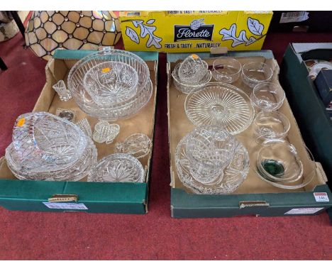 Two boxes of mixed glassware to include cut crystal table basket, cut glass ice bucket etc