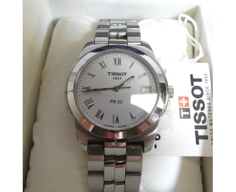 A Tissot PR50 steel cased quartz gent's wristwatch, the signed white dial with applied Roman numeral markers and date apertur