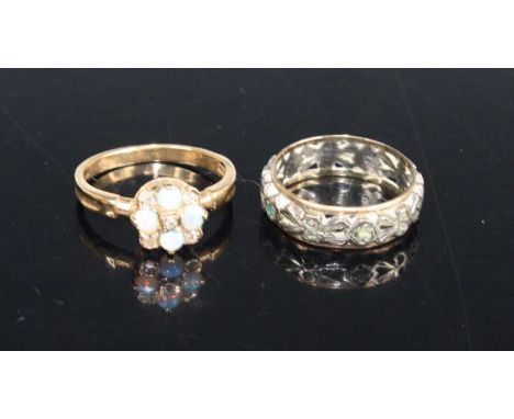 A 9ct gold, opal and diamond set tablet ring, sponsor B&amp;N, size L/M; together with a yellow and white metal eternity ring