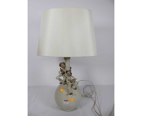 A 20th century studio pottery table lamp, decorated with two figures, height 65cm including shade
