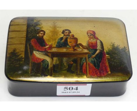 A Russian lacquered papier-mache box, of rectangular form, the cover decorated with two gentlemen and a lady seated at a tabl
