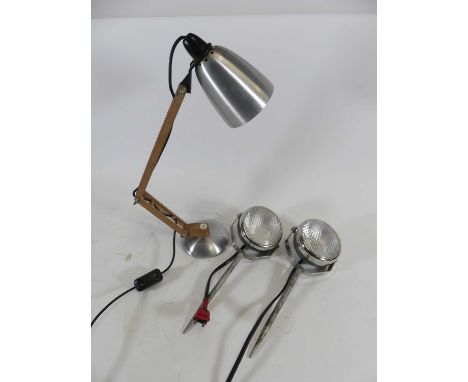 A modern angle poise desk lamp, together with a pair of vintage car headlamps, converted into garden spotlights (3)