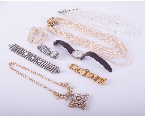 A selection of costume jewellery including faux pearl multi-strand necklace &amp; bracelet, bracelets, necklaces and two watc