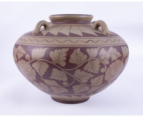 A large art pottery ceramic Jardinière on stand, height (of the jardinière) approx. 35cm.