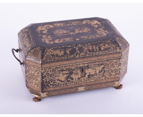 A 19th century Chinese lacquered and gilt tea caddy fitted with double interior, height 16cm, width 29cm.