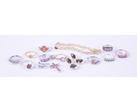 A mixed lot of silver &amp; silver gold overlay jewellery items to include ten rings set with a mix of different coloured gem