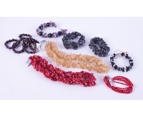 A mixed lot to include a coral bead necklace, coral bead bracelet, both with silver clasps, total weight 148.4gm, citrine bea