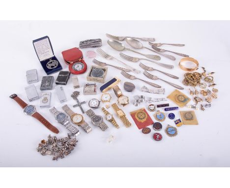 A mixed lot containing some silver plated cutlery, penknife, lighters, watches including Swatch, Rotary, etc, Services pocket