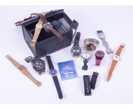 A collection of watches in a Festina box to include Festina, Accurist, Imado, Timex, Rotary, spare straps, etc.
