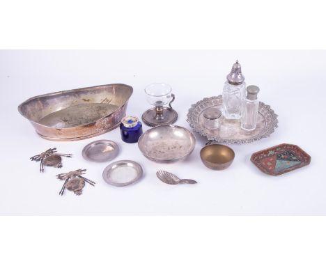 A collection of various metal wares and objects including a pierced silver plated salver, sugar caster, ep and glass chamber 