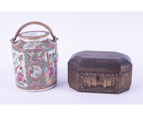 A Cantonese porcelain jar and cover, height 17cm together with a Chinese lacquered tea caddy.(2)