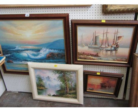A 20th century oil painting on canvas of a seascape signed bottom right A Kirkham, 50 x 60 cm approx, together with three fur