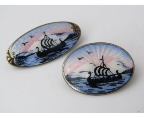 Two Norwegian silver and enamel brooches, each depicting a sailing galleon; together with a collection of costume jewellery