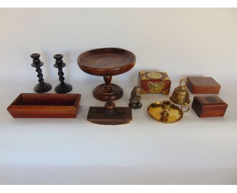 Mixed treen and metal ware lot to include a turned oak tazza, eastern brass bound casket with brass medallion to lid, pair of