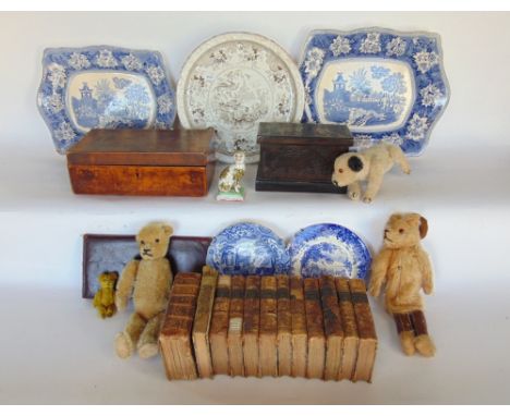 A big mixed miscellaneous lot to include mohair stuffed bears,  two wooden boxes, an antique collection of The Works of Shake