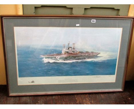 A signed coloured limited edition print after David Shepherd showing HMS The Ark Royal during her final voyage home from Malt