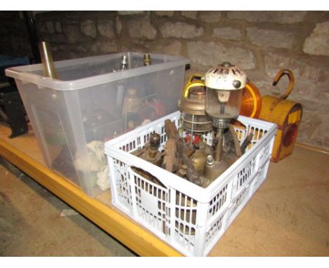 A Bi-Aladdin pressure lamp, tilley lamp, further vintage brass blow lamps of varying design, road side lamps cars eye, a Cori