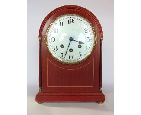 German mahogany three train lancet mantle clock, with circular 16cm silvered dial, with musical movement striking on a gong, 