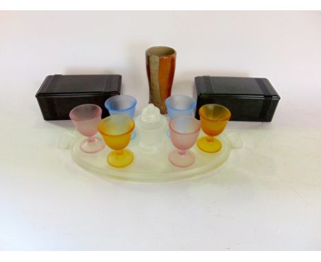 A mixed vintage lot to include two bake light boxes, a frosted glass set on tray and further Winchcombe pottery vase (4)