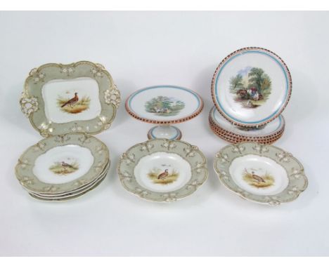 A collection of 19th century dessert wares, believed to be by H & R Daniel pattern number 7287, with various painted bird pan