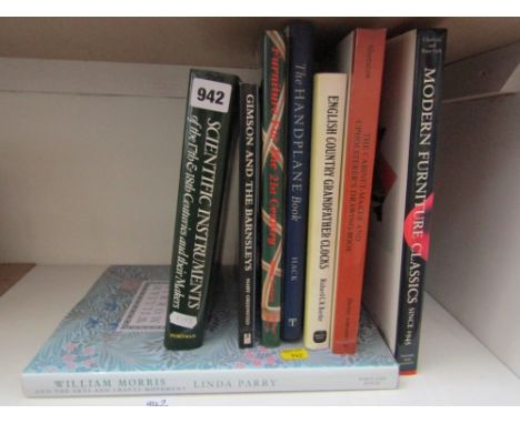 A mixed collection of books including Modern Furniture Classics, Scientific Instruments, The Hand plane Book, etc