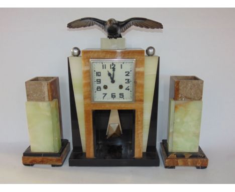 Good art deco marble garniture mantle clock with square silver two train dial with original pendulum mounted by a bird in fli