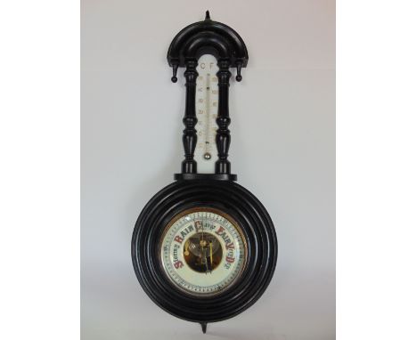 Wall barometer/thermometer, turned wooden case, 50cm high