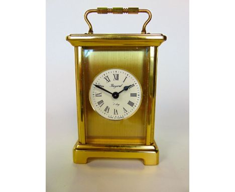 Contemporary French eight day carriage clock inscribed Bayard with gilt mask around a circular enamelled dial, the back inscr