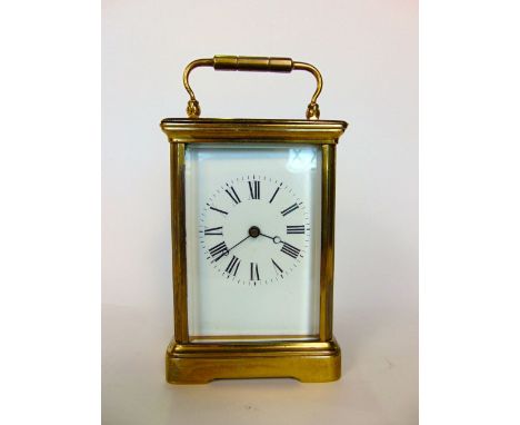 French gilt brass large carriage clock with square enamel dial and Roman numerals, marked R & Co with key, 13.5cm high