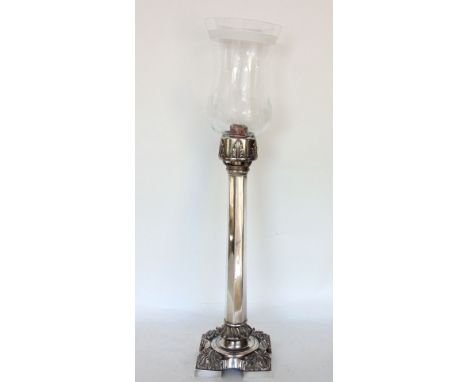 Silver plated sprung candle lamp with applied leaf mouldings and etched glass shade, the lamp 40 cm high