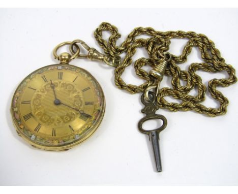 18k Continental gold fob watch, with engraved gold face, and back, with gold plated chain and key 