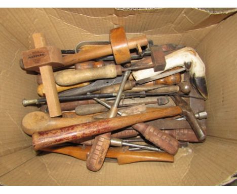 A small box of miscellaneous vintage hand tools to include screwdrivers, a few hammers, etc